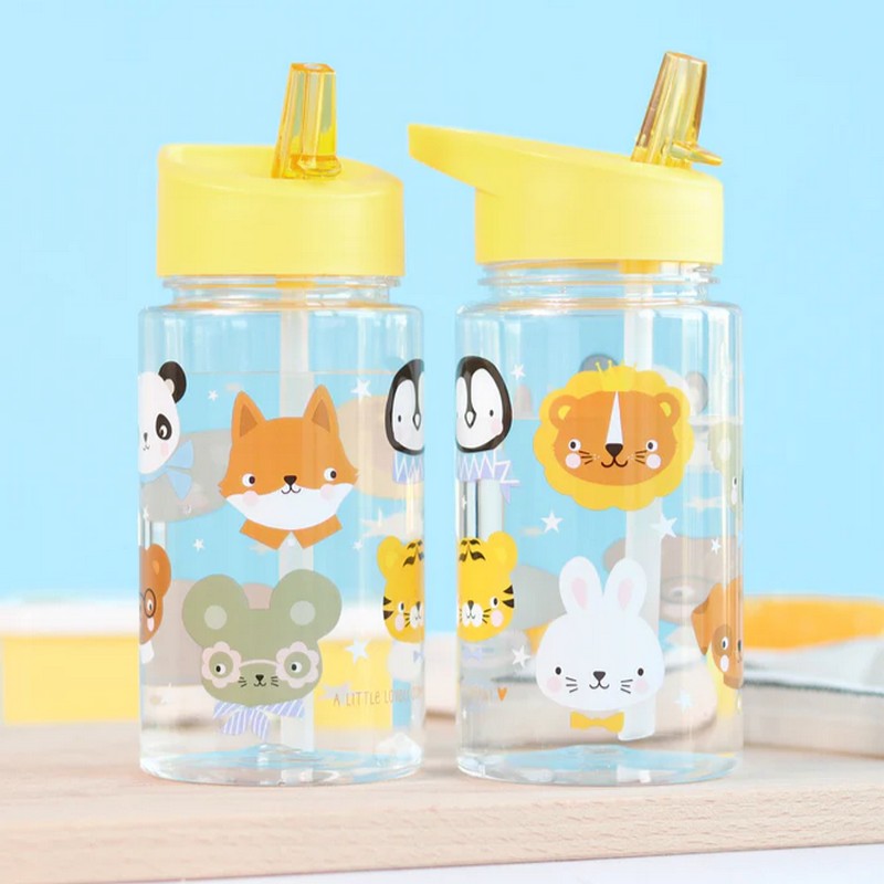 Borraccia per bambini trasparente con tappo giallo e cannuccia decorata con animali