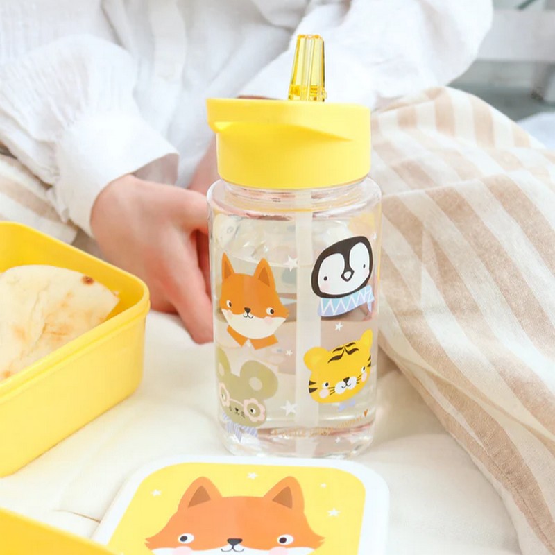Borraccia per bambini trasparente con tappo giallo e cannuccia decorata con animali