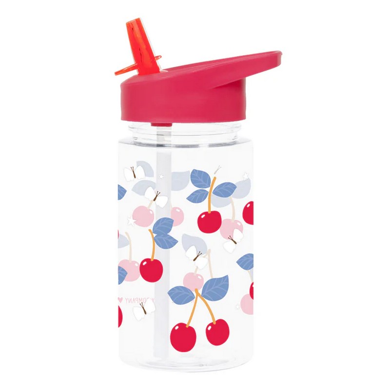 Borraccia per bambini trasparente con tappo fucsia e cannuccia decorata con ciliegie