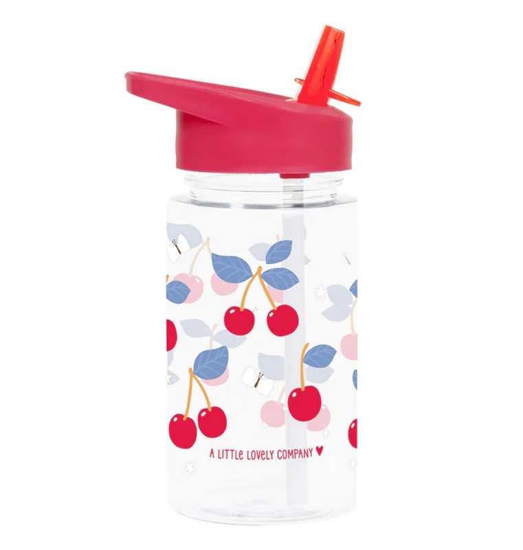 Borraccia per bambini trasparente con tappo fucsia e cannuccia decorata con ciliegie