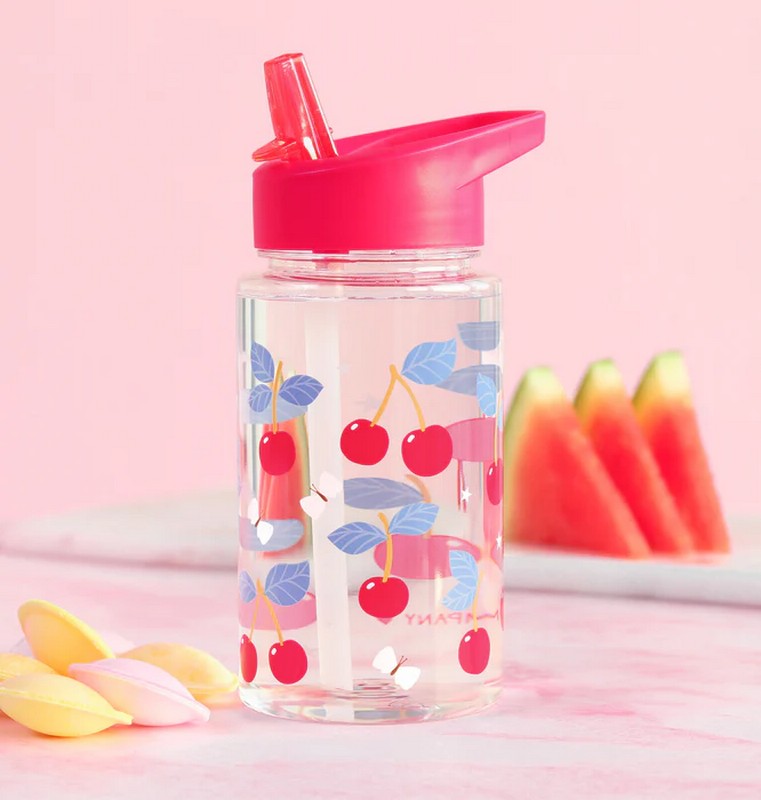 Borraccia per bambini trasparente con tappo fucsia e cannuccia decorata con ciliegie
