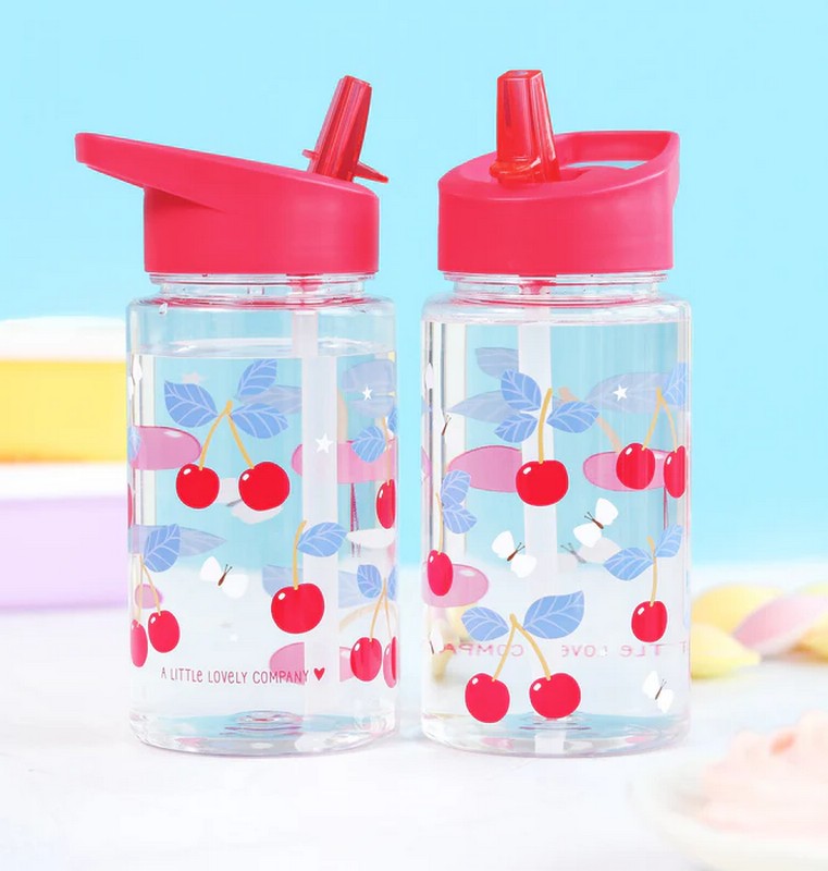 Borraccia per bambini trasparente con tappo fucsia e cannuccia decorata con ciliegie