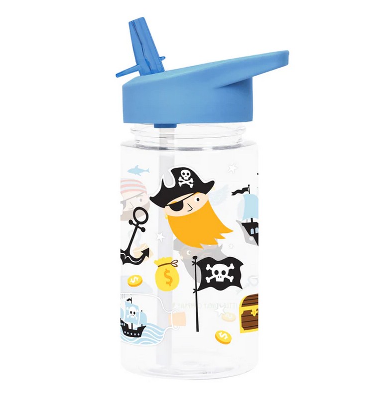 Borraccia per bambini trasparente con tappo blu e cannuccia decorata con pirati