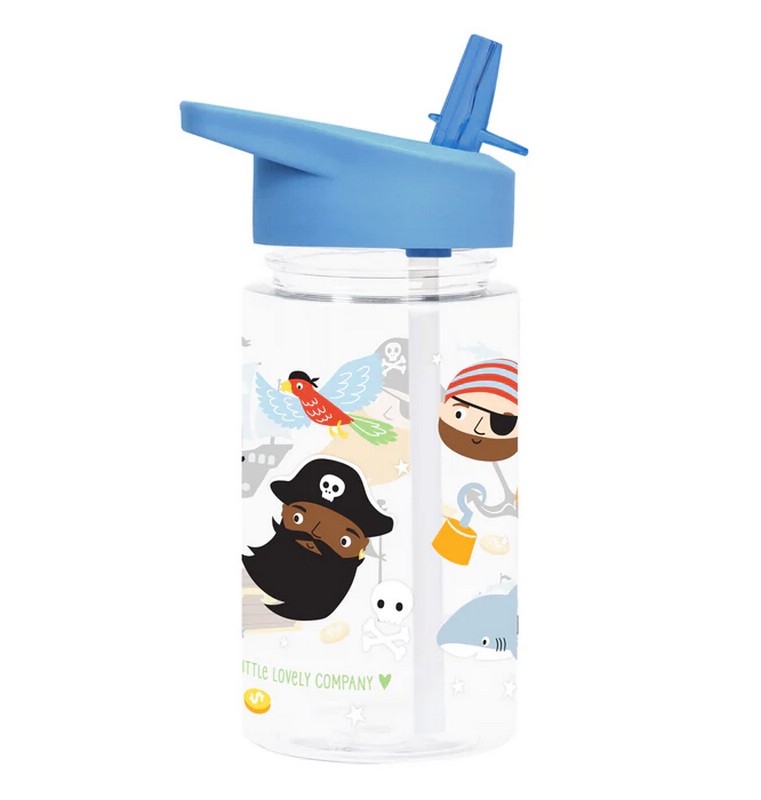 Borraccia per bambini trasparente con tappo blu e cannuccia decorata con pirati