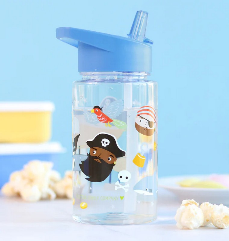 Borraccia per bambini trasparente con tappo blu e cannuccia decorata con pirati