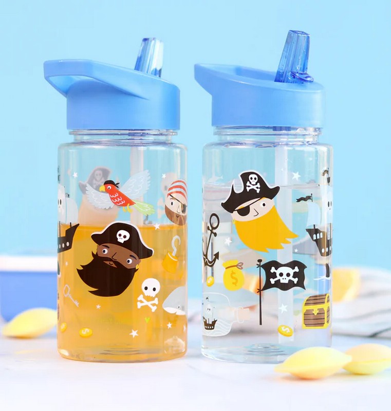 Borraccia per bambini trasparente con tappo blu e cannuccia decorata con pirati
