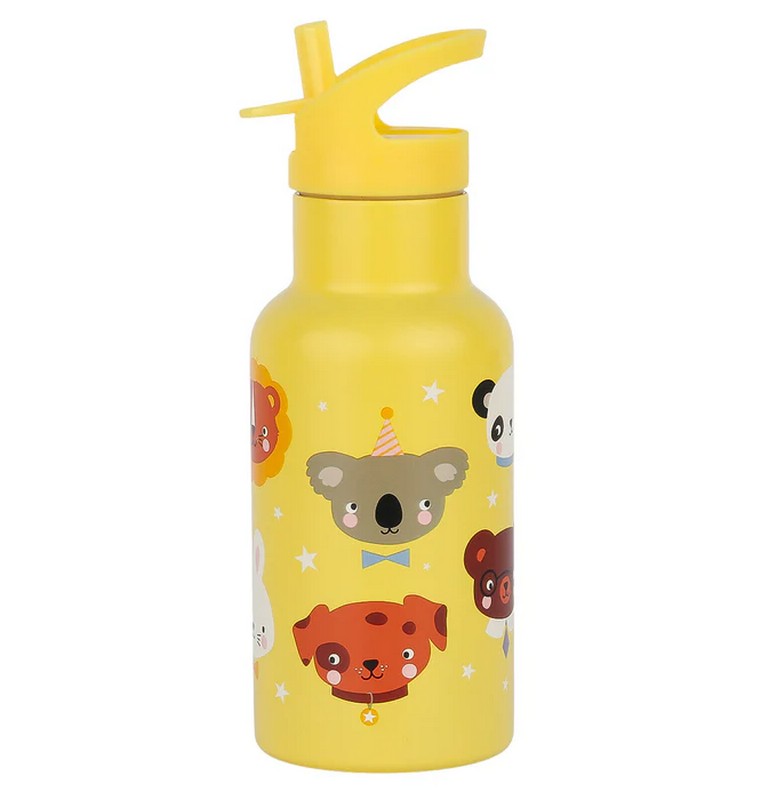 Borraccia termica per bambini trasparente con tappo giallo e cannuccia decorata con animali da 350 ml