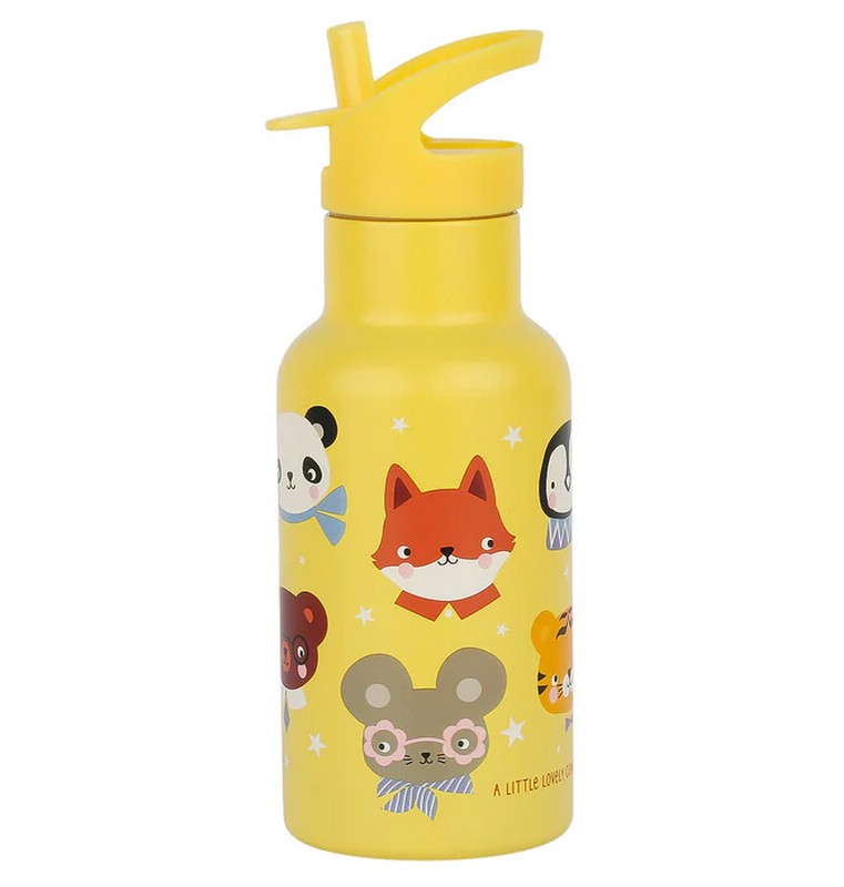 Borraccia termica per bambini trasparente con tappo giallo e cannuccia decorata con animali da 350 ml