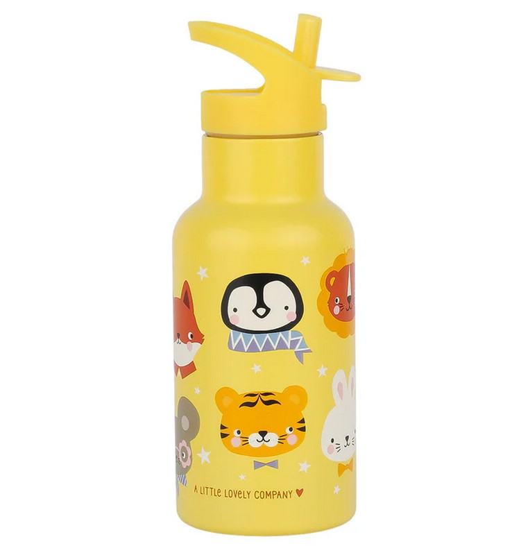 Borraccia termica per bambini trasparente con tappo giallo e cannuccia decorata con animali da 350 ml