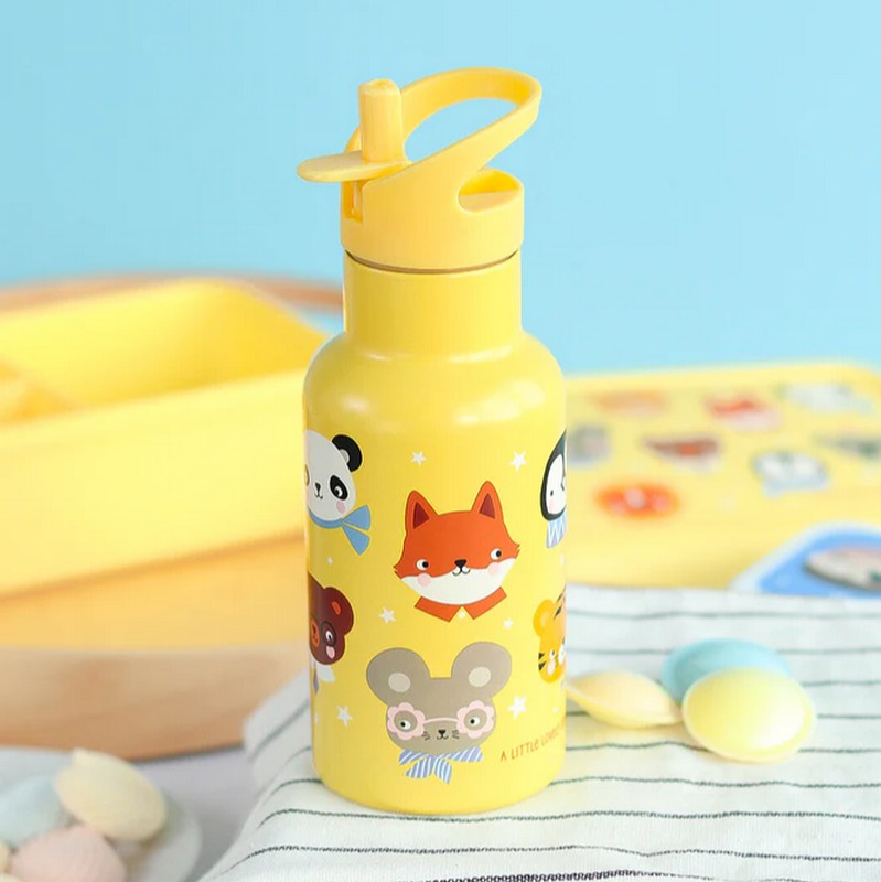 Borraccia termica per bambini trasparente con tappo giallo e cannuccia decorata con animali da 350 ml