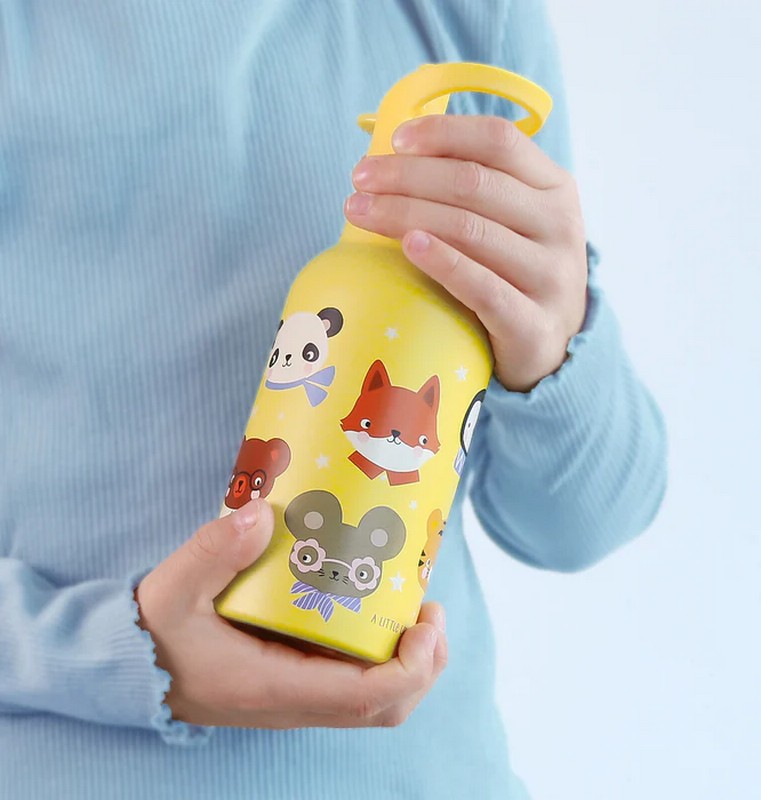 Borraccia termica per bambini trasparente con tappo giallo e cannuccia decorata con animali da 350 ml