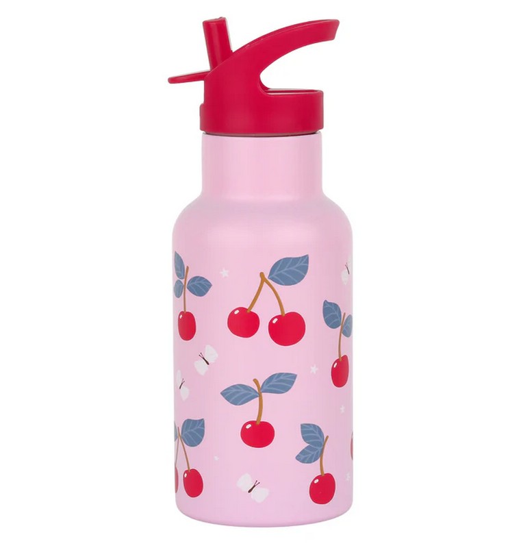 Borraccia termica rosa per bambini con cannuccia decorata con ciliegie da 350 ml