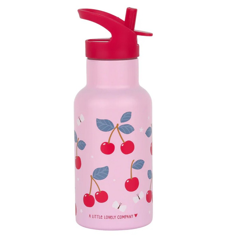 Borraccia termica rosa per bambini con cannuccia decorata con ciliegie da 350 ml