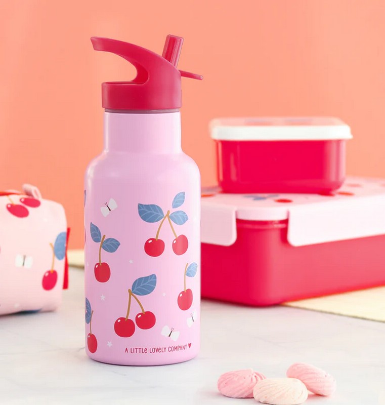 Borraccia termica rosa per bambini con cannuccia decorata con ciliegie da 350 ml
