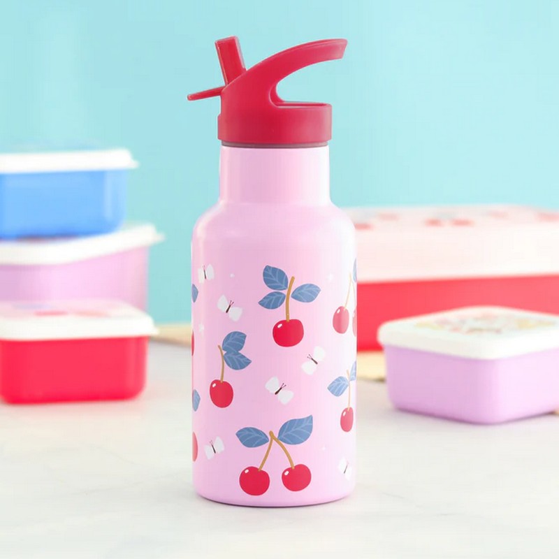 Borraccia termica rosa per bambini con cannuccia decorata con ciliegie da 350 ml
