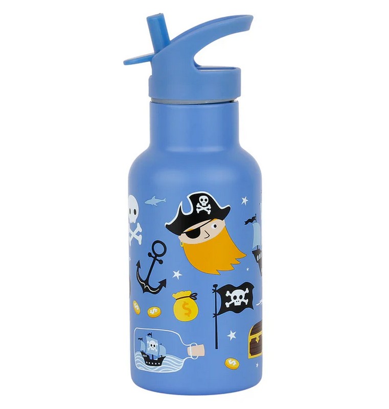 Borraccia termica blu per bambini con cannuccia decorata con pirati da 350 ml