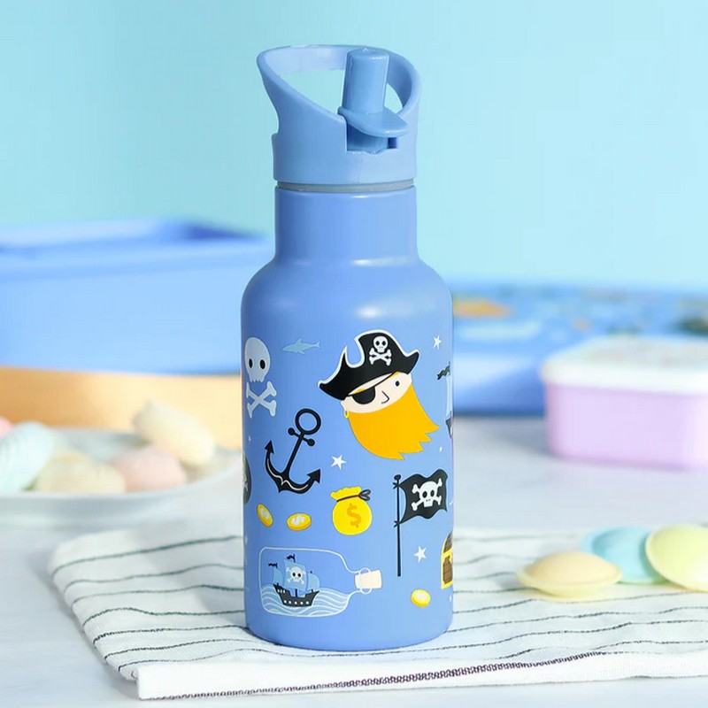 Borraccia termica blu per bambini con cannuccia decorata con pirati da 350 ml