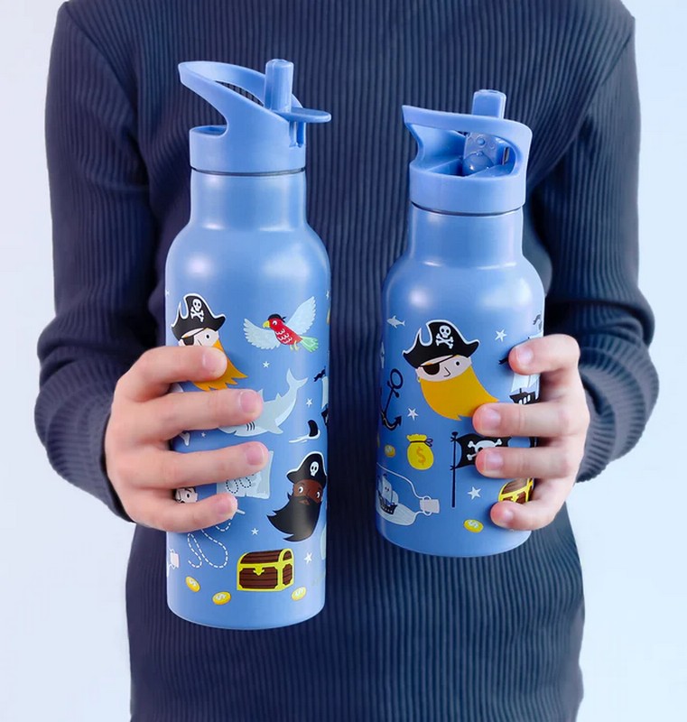 Borraccia termica blu per bambini con cannuccia decorata con pirati da 350 ml