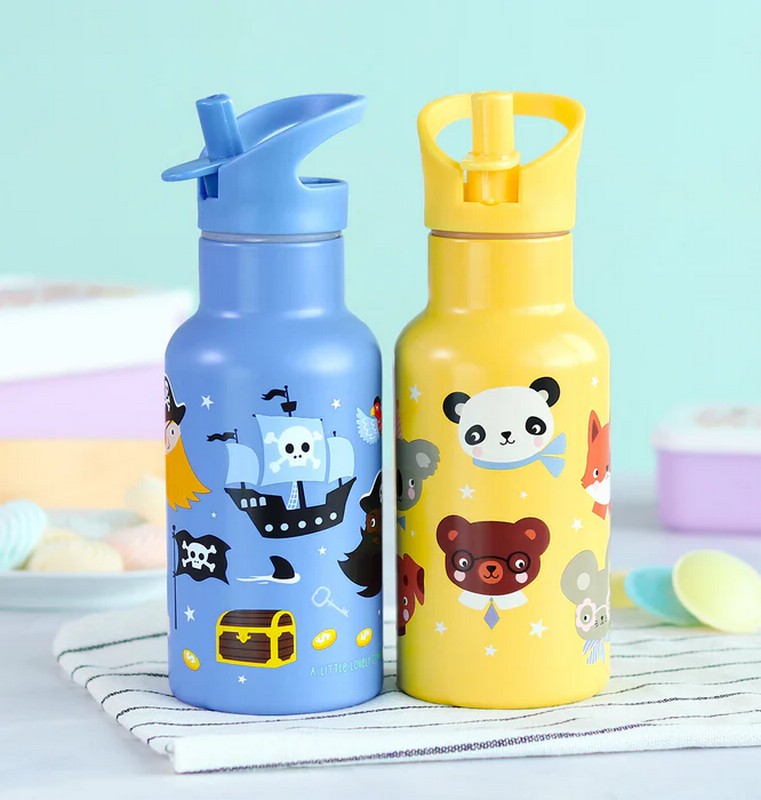 Borraccia termica blu per bambini con cannuccia decorata con pirati da 350 ml