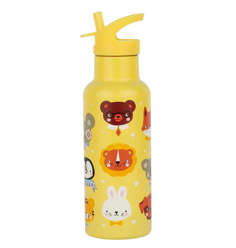 Borraccia termica gialla per bambini con cannuccia decorata con animali da 500 ml