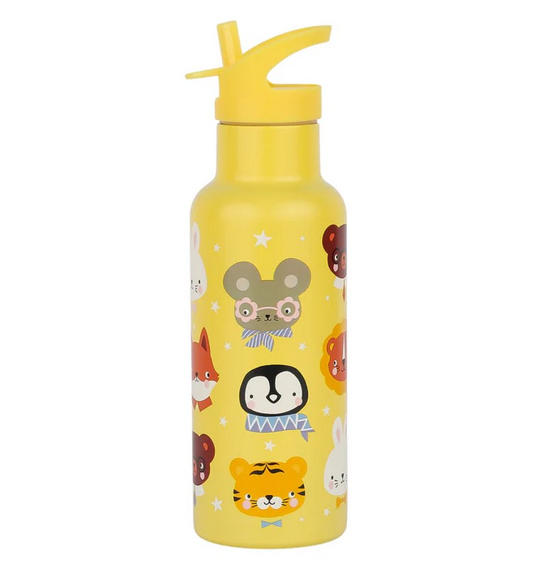 Borraccia termica gialla per bambini con cannuccia decorata con animali da 500 ml