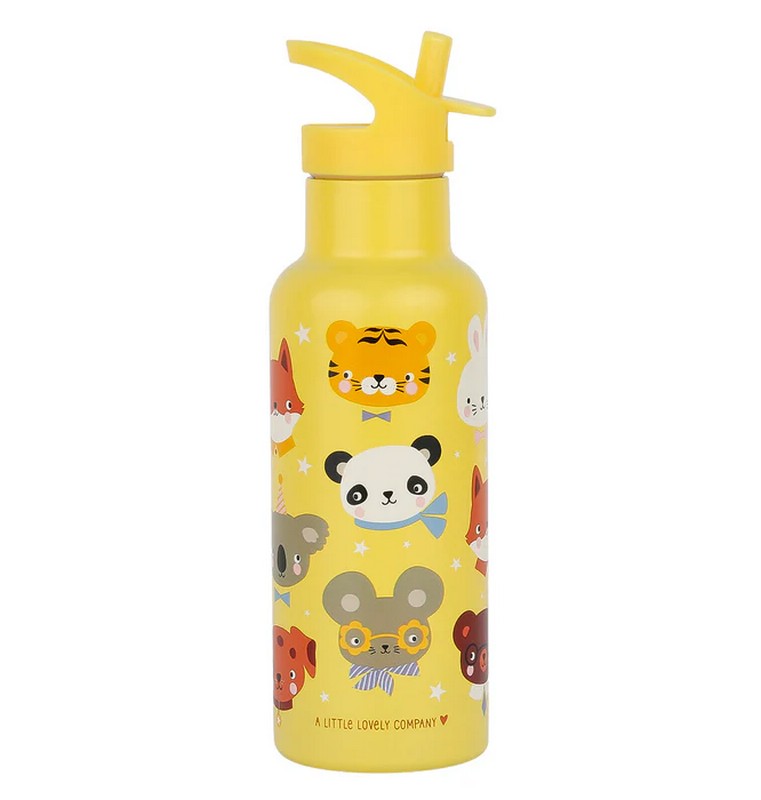 Borraccia termica gialla per bambini con cannuccia decorata con animali da 500 ml