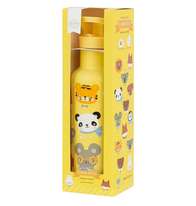 Borraccia termica gialla per bambini con cannuccia decorata con animali da 500 ml