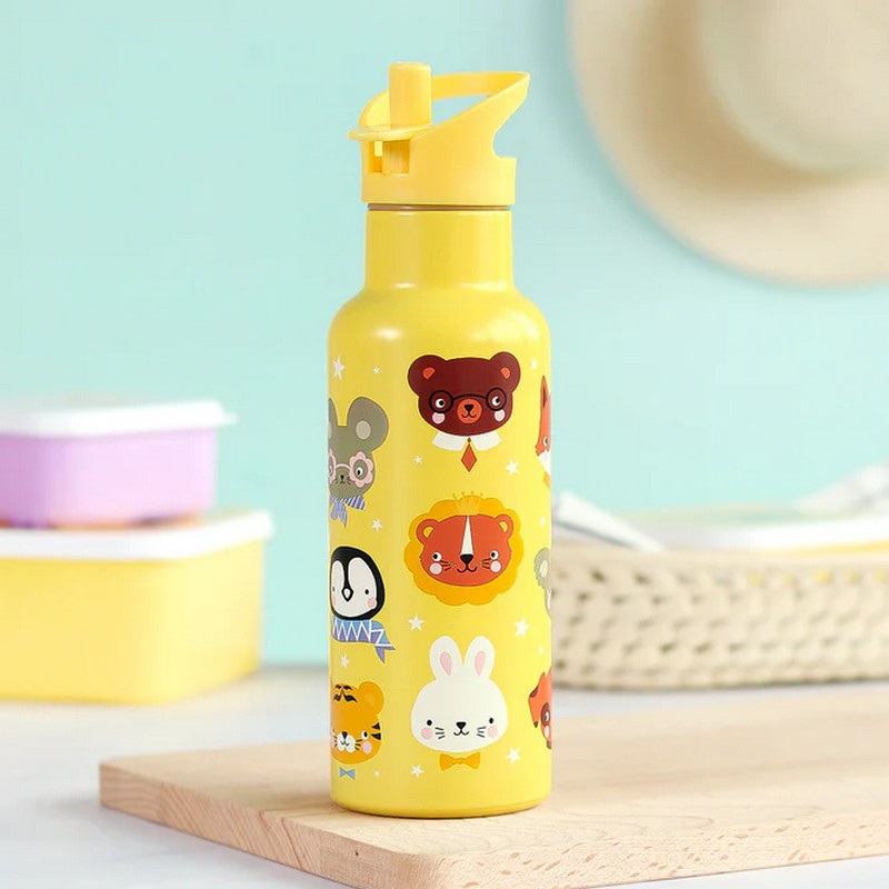 Borraccia termica gialla per bambini con cannuccia decorata con animali da 500 ml
