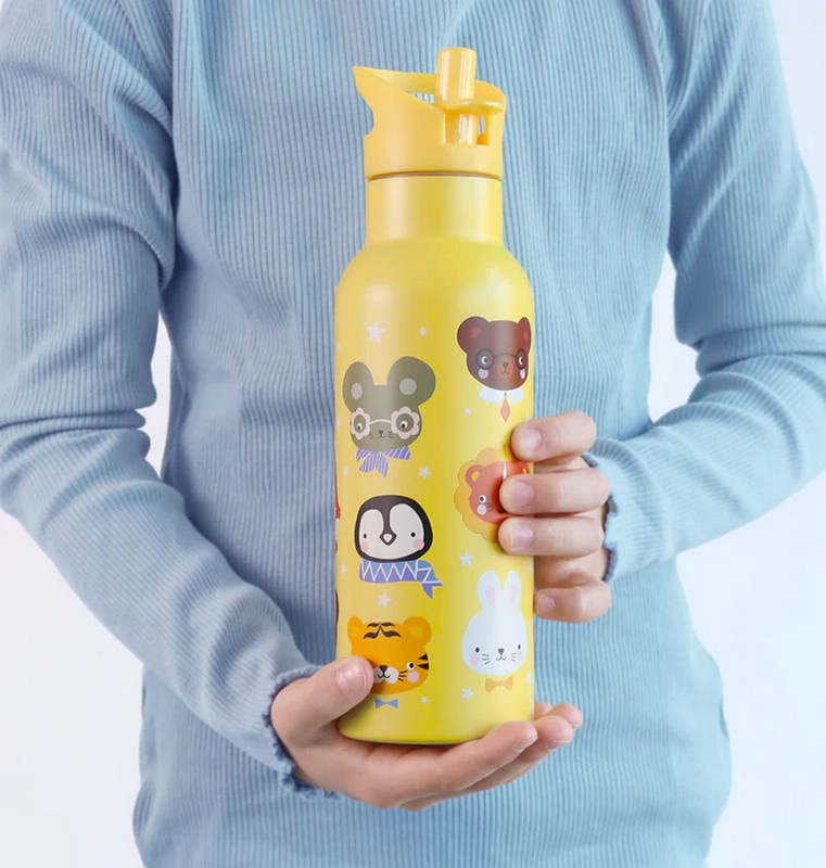Borraccia termica gialla per bambini con cannuccia decorata con animali da 500 ml