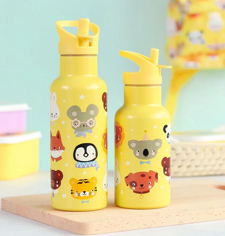 Borraccia termica gialla per bambini con cannuccia decorata con animali da 500 ml