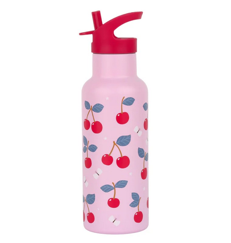 Borraccia termica rosa per bambini con cannuccia decorata con ciliegie da 500 ml