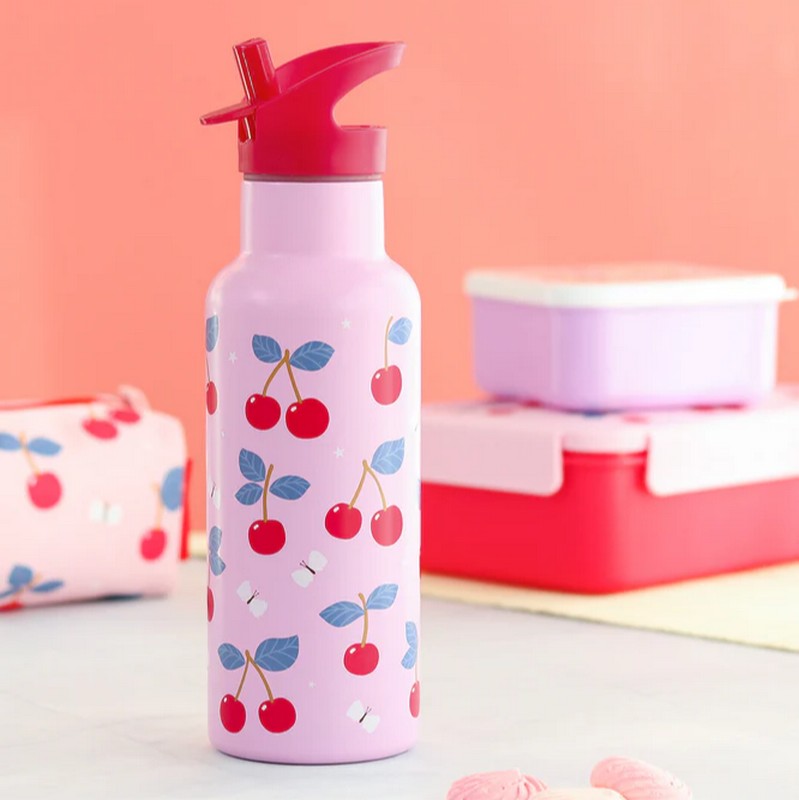 Borraccia termica rosa per bambini con cannuccia decorata con ciliegie da 500 ml
