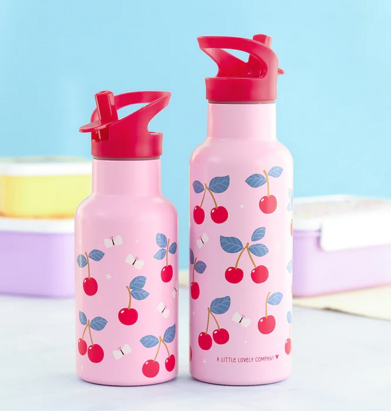 Borraccia termica rosa per bambini con cannuccia decorata con ciliegie da 500 ml