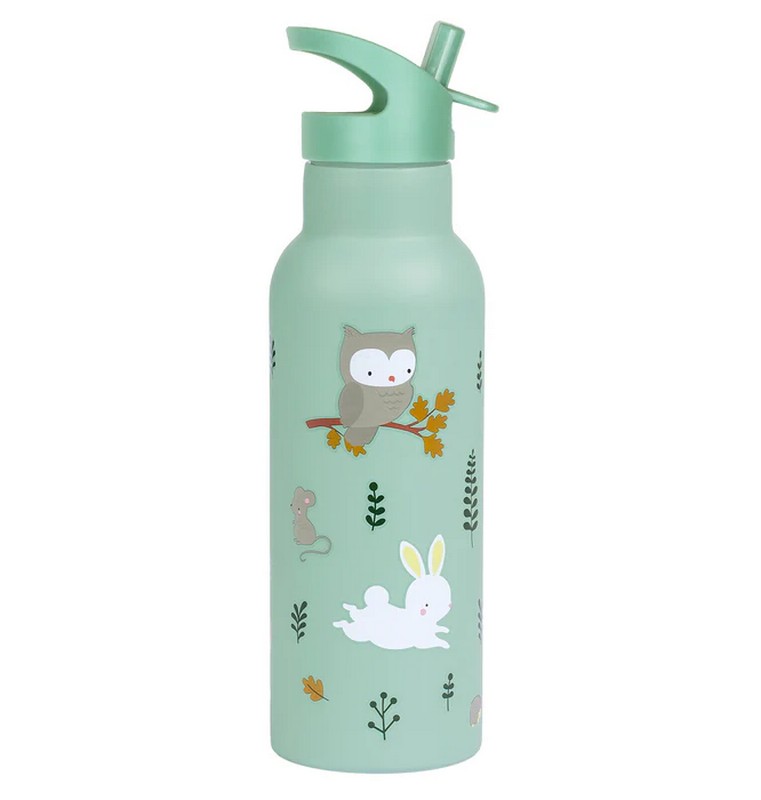 Borraccia termica verde per bambini con cannuccia decorata con animali da 500 ml