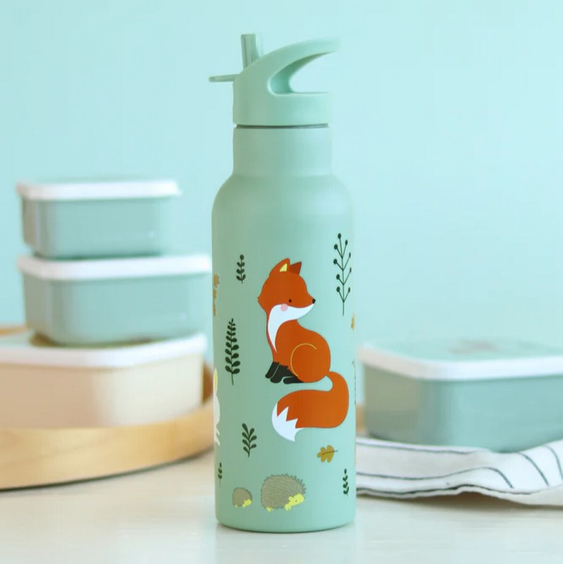 Borraccia termica verde per bambini con cannuccia decorata con animali da 500 ml