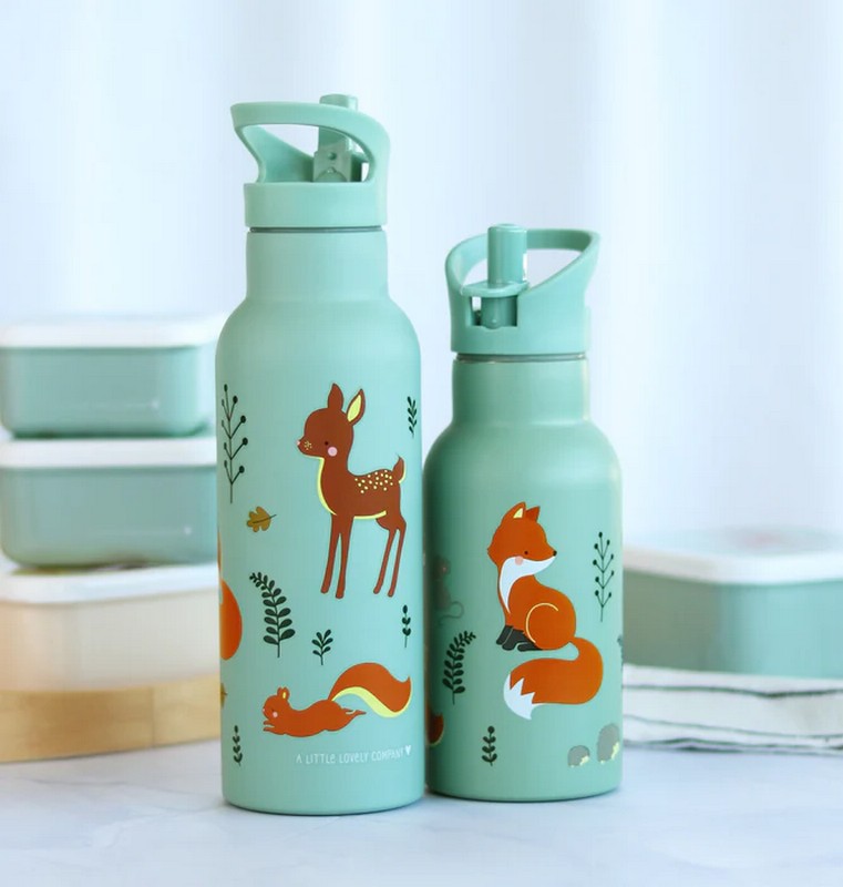 Borraccia termica verde per bambini con cannuccia decorata con animali da 500 ml