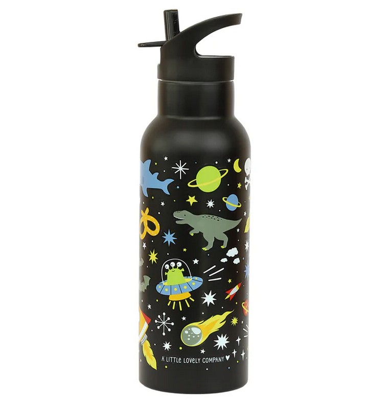 Borraccia termica nera per bambini con cannuccia decorata con galassia con animali da 500 ml
