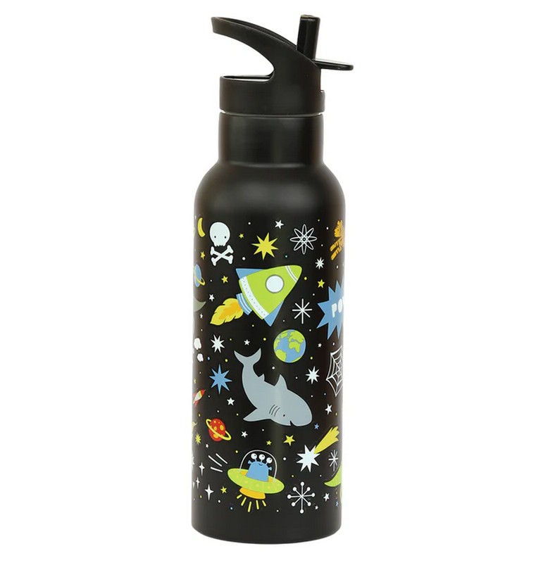 Borraccia termica nera per bambini con cannuccia decorata con galassia con animali da 500 ml