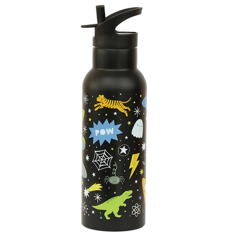 Borraccia termica nera per bambini con cannuccia decorata con galassia con animali da 500 ml