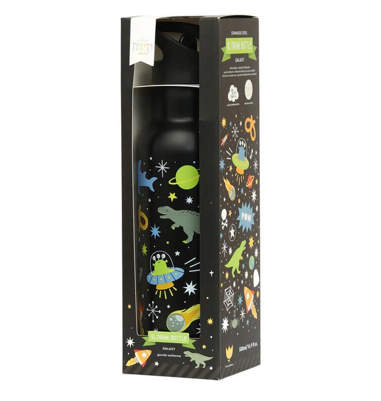 Borraccia termica nera per bambini con cannuccia decorata con galassia con animali da 500 ml