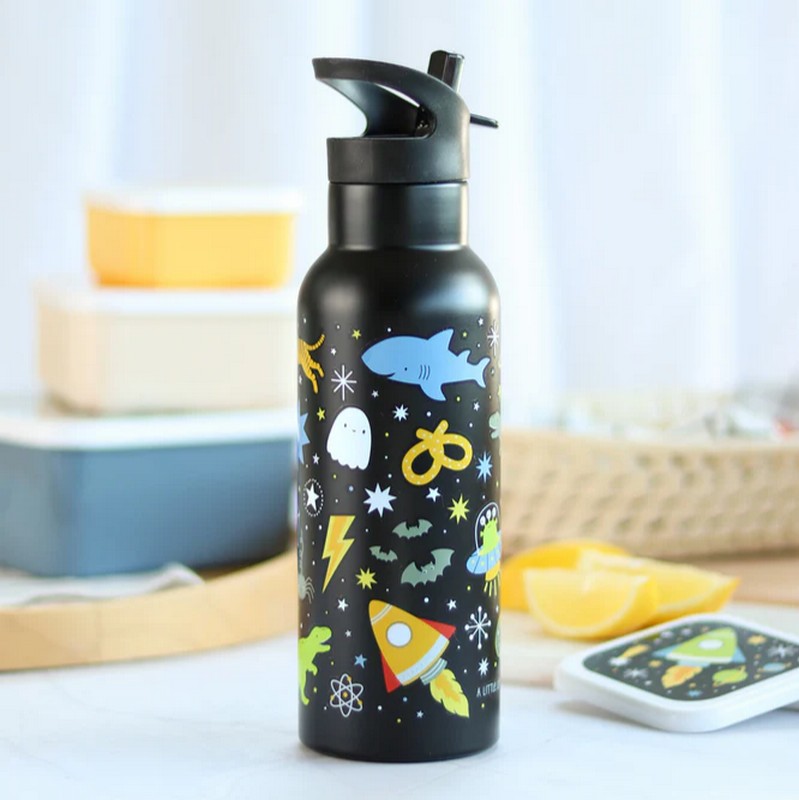 Borraccia termica nera per bambini con cannuccia decorata con galassia con animali da 500 ml