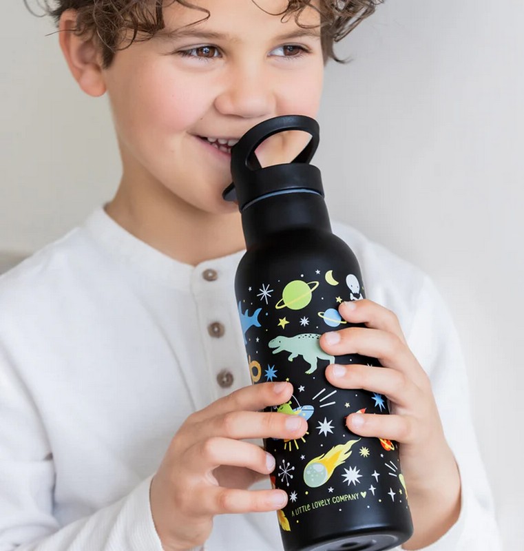 Borraccia termica nera per bambini con cannuccia decorata con galassia con animali da 500 ml