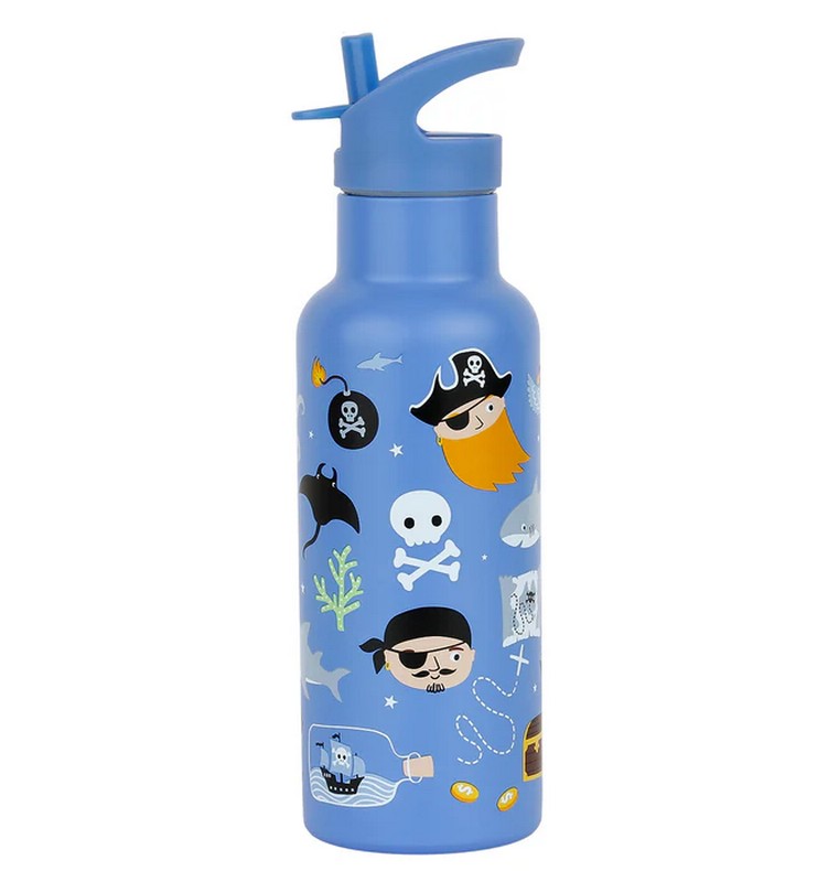 Borraccia termica blu per bambini con cannuccia decorata con pirati da 500 ml