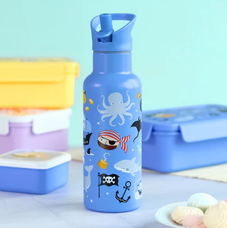 Borraccia termica blu per bambini con cannuccia decorata con pirati da 500 ml