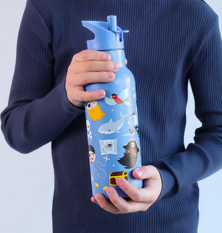 Borraccia termica blu per bambini con cannuccia decorata con pirati da 500 ml