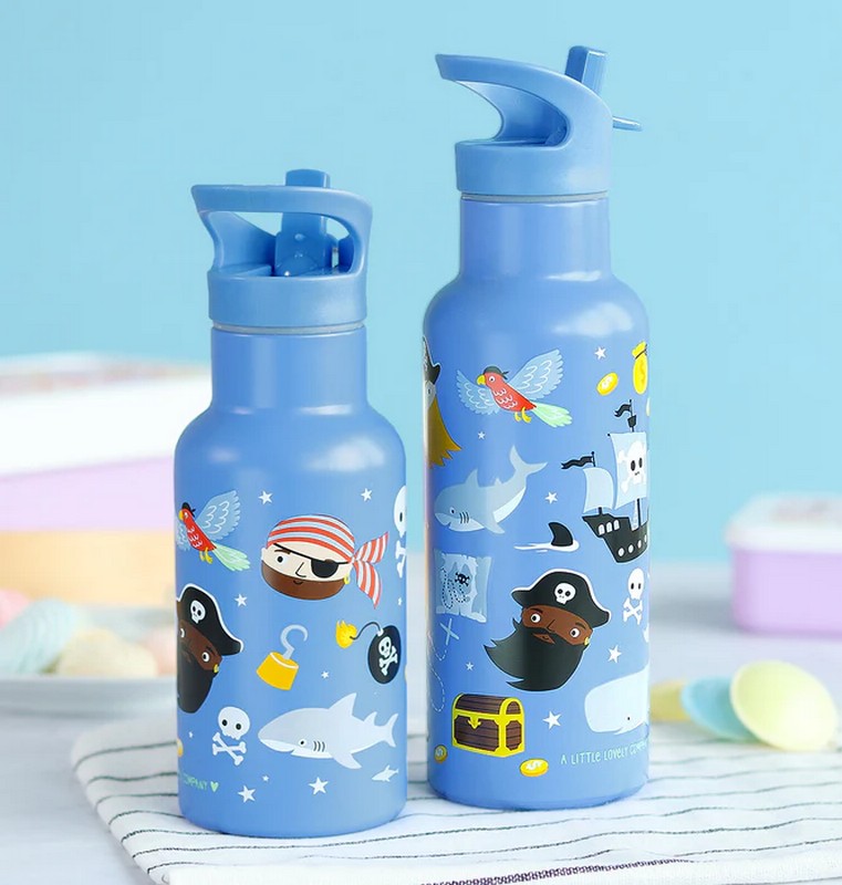 Borraccia termica blu per bambini con cannuccia decorata con pirati da 500 ml