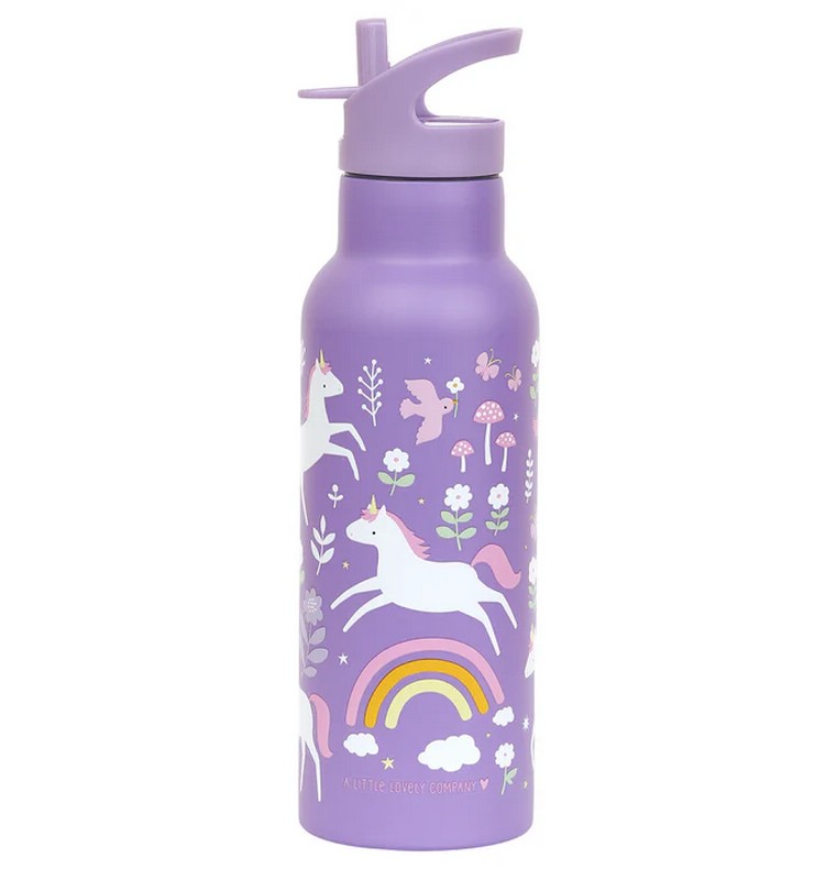 Borraccia termica viola per bambini con cannuccia decorata con unicorni da 500 ml