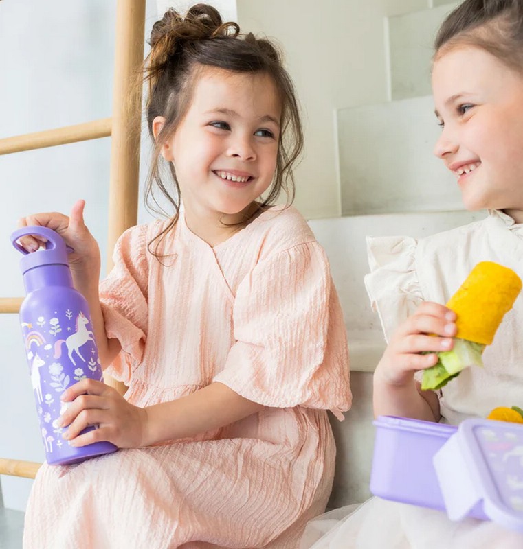 Borraccia termica viola per bambini con cannuccia decorata con unicorni da 500 ml