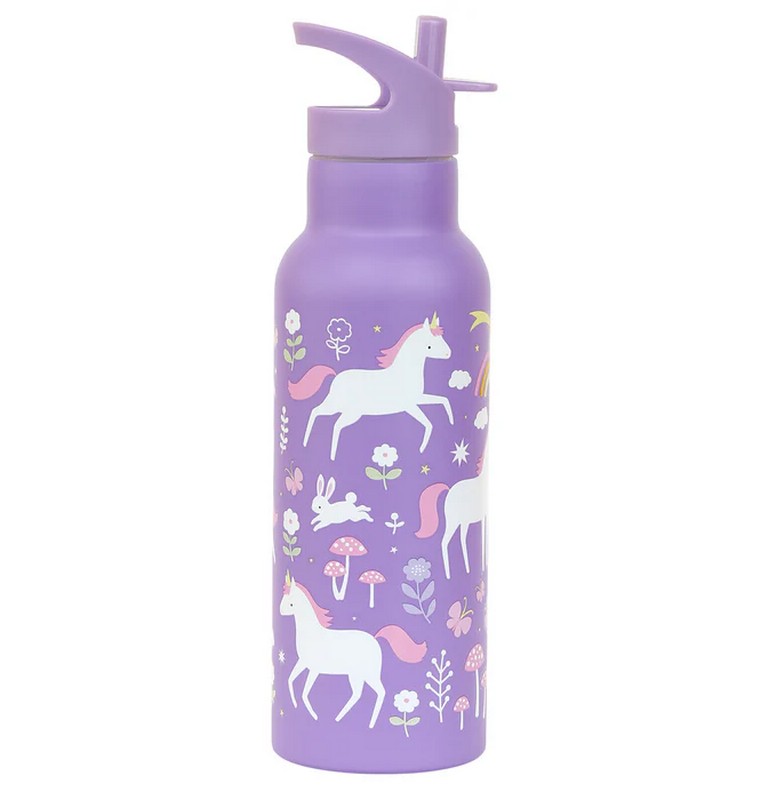 Borraccia termica viola per bambini con cannuccia decorata con unicorni da 500 ml