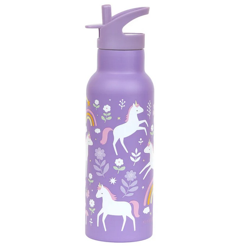 Borraccia termica viola per bambini con cannuccia decorata con unicorni da 500 ml
